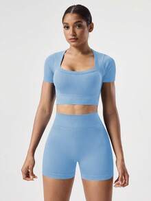 SHEIN Sovereign Charm 2 piezas Conjunto + Ajuste regular + Tela que absorbe la humedad/Acanalado + Cuello cuadrado/Básico/Azul marino + Conjunto de ropa deportiva + Sin costuras/Yoga - Azul cielo - Ver 6