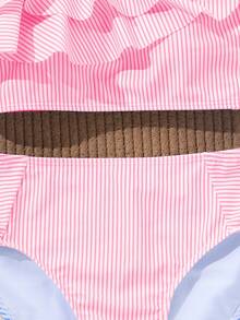 SHEIN Pink And White Striped,Summer,Cute,Beach,Holiday Tween Girl Tankini Swimwear Set,Spaghetti Strap Ruffle Swimtop,High Waist 2 Pieces Bathing Suit,Teen - Multicolor - View 4