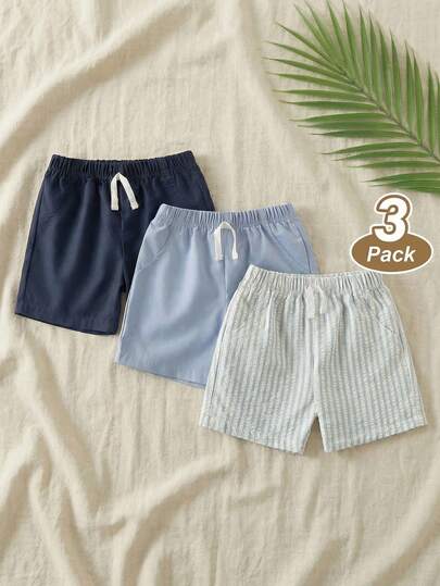 SHEIN Playful Pals 3 Pack Toddler Boy Baby Boy Clothes Casual Style Solid And Striped Pattern Straight Leg Elastic Waist Soft Shorts Pants Trousers Sweatpants Bottoms Jorts Outfit Set For Vacation Beach Summer Outdoor Spring