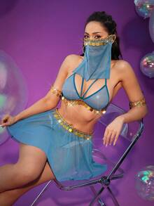 Conjunto de 6 piezas de lencería sexy de malla para mujer - Agua verde azul - Ver 4