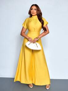 SOLERSUN 春夏女士纯色优雅派对连体裤，简约通勤风，适合生日派对、日常休闲穿着、婚礼季、返校季、感恩节、毕业季等场合。特点：立领、系带腰身、褶裥、高腰连体裤。黄色连体裤，夏季穿搭。 - 黃色 - 查看 5