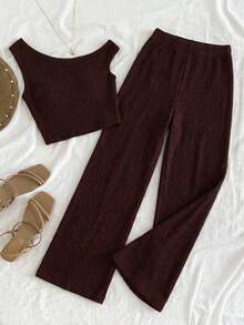 SHEIN 少女休闲简约舒适不对称肩部收腰T恤套装 - 卡其色 - 查看 4