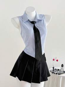 Comfortcana 1 pieza Blusa sin mangas tejida con corbata a juego Blusa sin mangas Tops preppy Ropa de trabajo para mujer Nuevos lanzamientos primavera/verano 2026 Conjuntos de verano de moda para mujer Atuendo de playa Salida Atuendos de vacaciones Blusa casual para mujer Estilo Y2K de los años 2000 Atuendos de verano para mujer Primavera Atuendos de primavera Ropa de primavera para mujer Vacaciones Ropa de fiesta de boda elegante Atuendos de vacaciones en la playa para mujer Casual, Día de San Valentín, Carnaval, Playa, Vacaciones, Ocio en casa, Calle, Universidad, Vintage americano Blusa casual - Azul - Ver 4