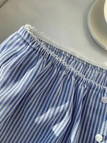 Comfortcana Quần short nữ kẻ sọc bằng vải lanh, thiết kế cài nút, dáng rộng, kiểu dáng thường ngày, màu xanh dương, hàng mới về 2026, thích hợp cho mùa xuân/hè, đi biển, nghỉ mát, dạo phố, ngày Valentine. - Màu xanh lam - Xem 7