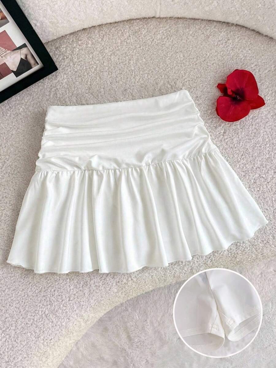 SHEIN Chân váy ngắn đơn giản, ngọt ngào, viền bèo nhún, màu trơn, đa năng dành cho bé gái tuổi teen. - trắng - Xem 1