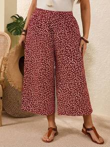 EMERY ROSE 大码女式碎花休闲阔腿七分裤，带侧袋 - 酒紅色 - 查看 5
