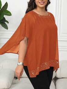 SHEIN Clasi 优雅雪纺衬衫，饰有箔片装饰，舒适时尚 - 橘色 - 查看 4