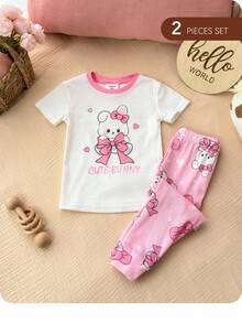 SHEIN Babygirl Cute Casual Knit Cartoon Print Short Sleeve Top And Elastic Waist Pants Loungewear Set - Pink - View 7