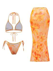 Swim SXY Bộ đồ bơi 3 mảnh Swim Vcay-D dành cho nữ: Áo croptop hai dây in họa tiết, quần bikini buộc dây bên hông và váy maxi dài đi biển, lý tưởng cho kỳ nghỉ hè. - Nhiều màu - Xem 4