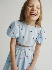 Maija Kids Maija Kids Bộ 2 váy chữ A tay phồng thêu hoa màu xanh dương, có túi, dành cho bé gái tuổi teen, thích hợp cho các hoạt động thường ngày, du lịch, tụ họp, lễ hội, mùa hè và mùa xuân. - Màu xanh lam - Xem 5