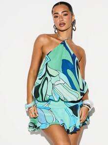 Women's Printed Chiffon Halter Neck Mini Dress With Ruffle Hem Abstract Swirl Pattern Summer Party Cocktail Sleeveless Backless - Green - View 4