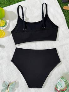 Sparklyn Teen Girls Casual Ribbed Black Bikini Sets, Fashionable Swimwear Suitable For Swimming, Vacation, Summer - Black - View 2