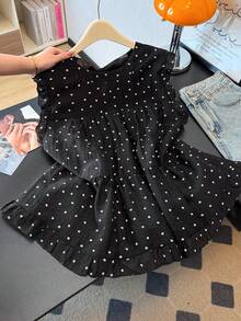 GlowEve CURVE Plus Size Women's Cute French Elegant Round Neck Polka Dot Black & White Ditsy Floral Backless Bow Tie Flutter Sleeves Summer Everyday Blouse - Black - View 1