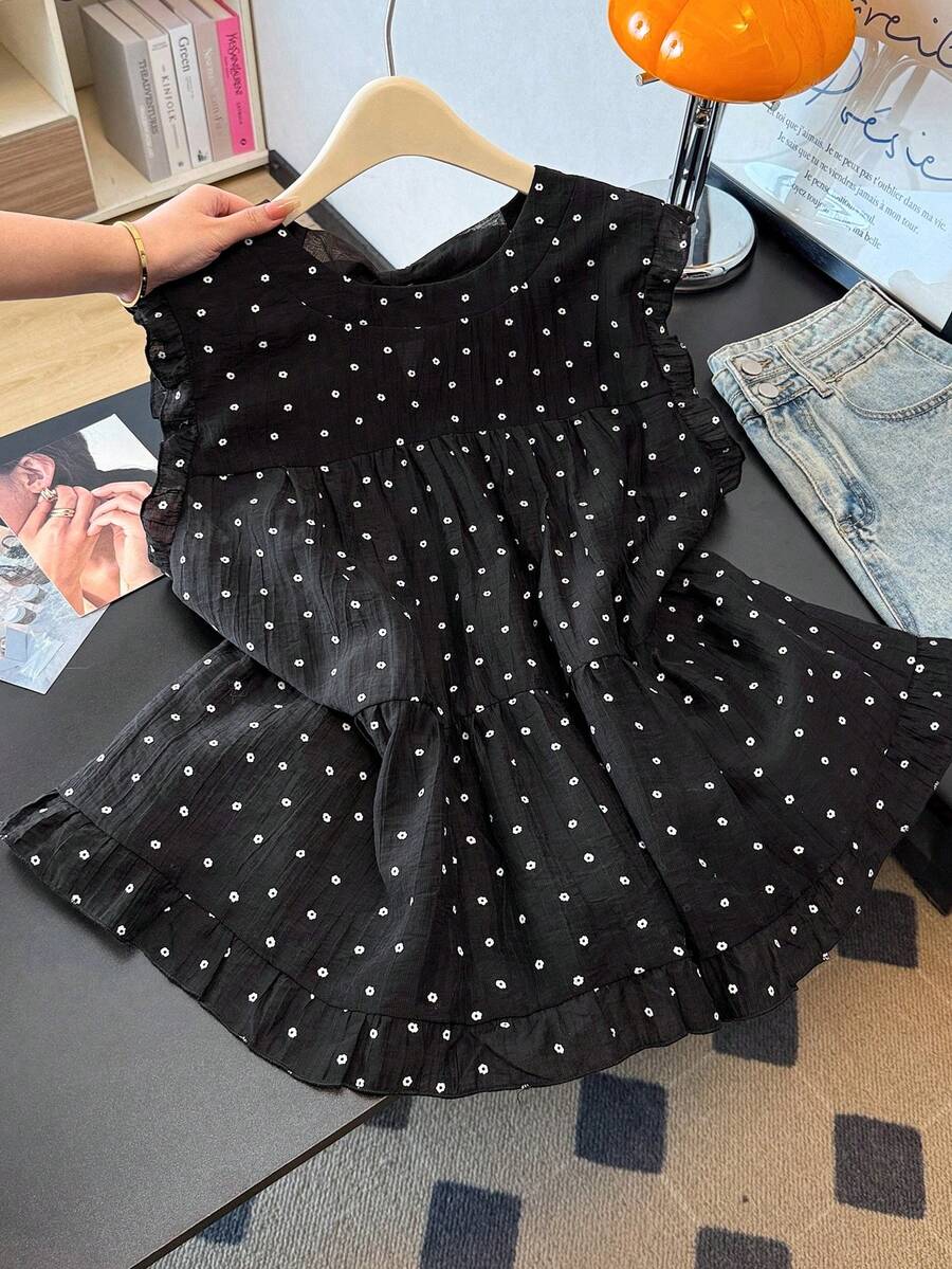 GlowEve CURVE Plus Size Women's Cute French Elegant Round Neck Polka Dot Black & White Ditsy Floral Backless Bow Tie Flutter Sleeves Summer Everyday Blouse - Black - View 1