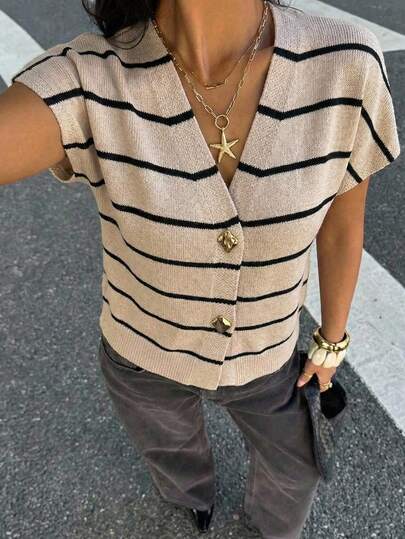 Aloruh This Simple Yet Stylish Summer Cardigan Features A Deep V-Neck Short Sleeves, A Slim, Double-Button, Fitted Waist, And A Business Casual Style. The Modern, Relaxed Off-The-Shoulder Neckline Is Adorned With Metal Buttons, Exuding A Fashionable Vibe. It's An Ideal Choice For Both Commuting And Everyday Outings. This Cardigan Exudes Elegance And Is Perfect For Casual Dates. It's Also Suitable For Romantic Dates And Beach Trips, Making It Suitable For Various Occasions Such As Vacations, Dates, Afternoon Tea, And Daily Commutes.