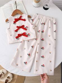 SHEIN Young Girl Ditsy Floral Bow Decor Camisole And Wide Leg Pants Set,Kids - Multicolor - View 3