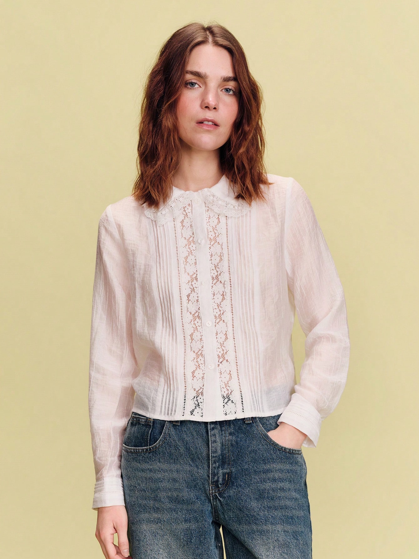 White Vintage Long Sleeve Shirt With Lace Trims And Pleats Details Spring Summer French Style Parisian Style Cute Top Vintage Top Office