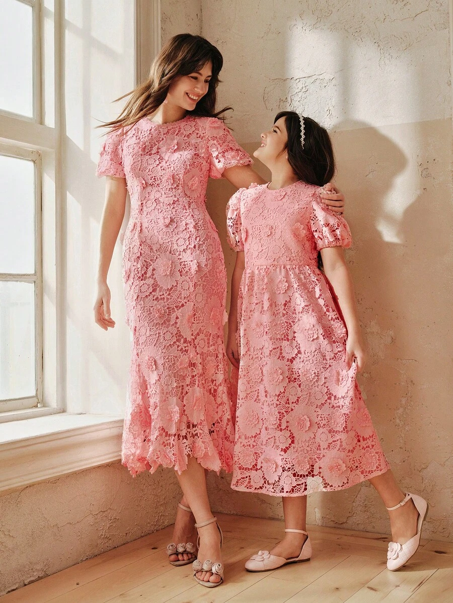 Đầm chữ A tay cánh hoa cổ tròn, chất liệu ren tan trong nước của Anewsta Girls, thích hợp cho mùa Xuân/Hè. - Hồng - Xem 1