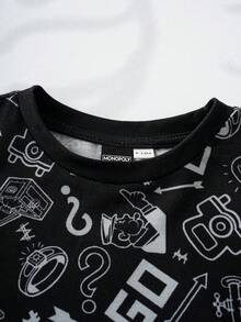 MONOPOLY X SHEIN 男婴全印花圆领短袖T恤和短裤休闲日常套装 - 黑色 - 查看 3