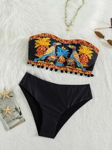Bộ bikini cúp ngực không dây màu đen thanh lịch dành cho nữ của Swim Vcay với họa tiết hoa nhiều màu sắc và hình voi, 2026. Bộ đồ bơi hai mảnh ôm sát tôn dáng với áo cúp ngực co giãn, kiểu dáng bohemian tối giản sang trọng với chất liệu satin, thích hợp cho kỳ nghỉ hè, trang phục đi biển không dây dự tiệc bể bơi dành cho nữ. - màu đen - Xem 3