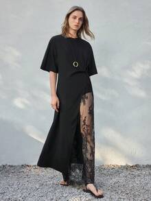 Ontre 2026 女士高端黑色舒适柔软面料修身落肩半袖不对称下摆设计侧边扭结装饰高开衩现代都市时尚商务休闲办公装低调复古高端氛围都市通勤高品质机场邮轮优雅婚礼宾客着装简约奢华感褶皱设计连衣裙极简主义女装高开衩连衣裙不对称连衣裙女式宽松T恤裙 - 黑色 - 查看 7