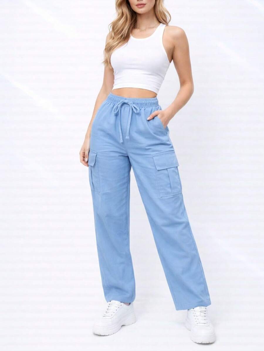 Pantalones cargo largos informales para mujer con detalle de lazo y tejido ligeramente elástico ma1121 - Azul - Ver 1
