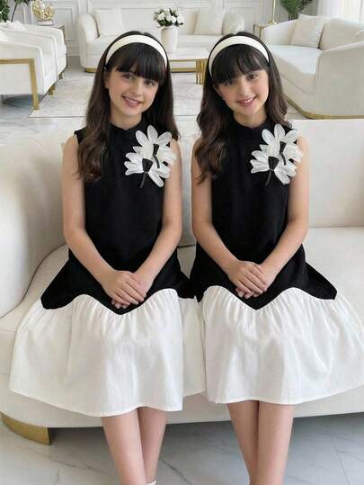 SHEIN Tween Girl Cute Loose Elegant Stand Collar Colorblock Oversized Bow Beaded Decor Ruffle Hem Layered Black Dress