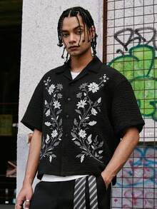 PAVTROS Men's Floral Pattern Single-Breasted Casual Short Sleeve Shirt - Black - View 3