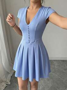 Selianne Vestido de mujer elegante con recogido en la cintura y botones, vestido de uso diario con estilo - Azul - Ver 3