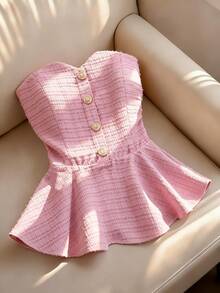 GlowEve Women's Pink Tweed Metal Button Waist Ruffle Hem Sexy Commuter Elegant Youthful Spring/Summer Top - Pink - View 1