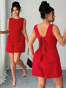 Elenzga 女士红色无袖两件套：露背蝴蝶结短款上衣+短裤，适合约会、购物、派对、通勤，时尚百搭 - 紅色 - 查看 2