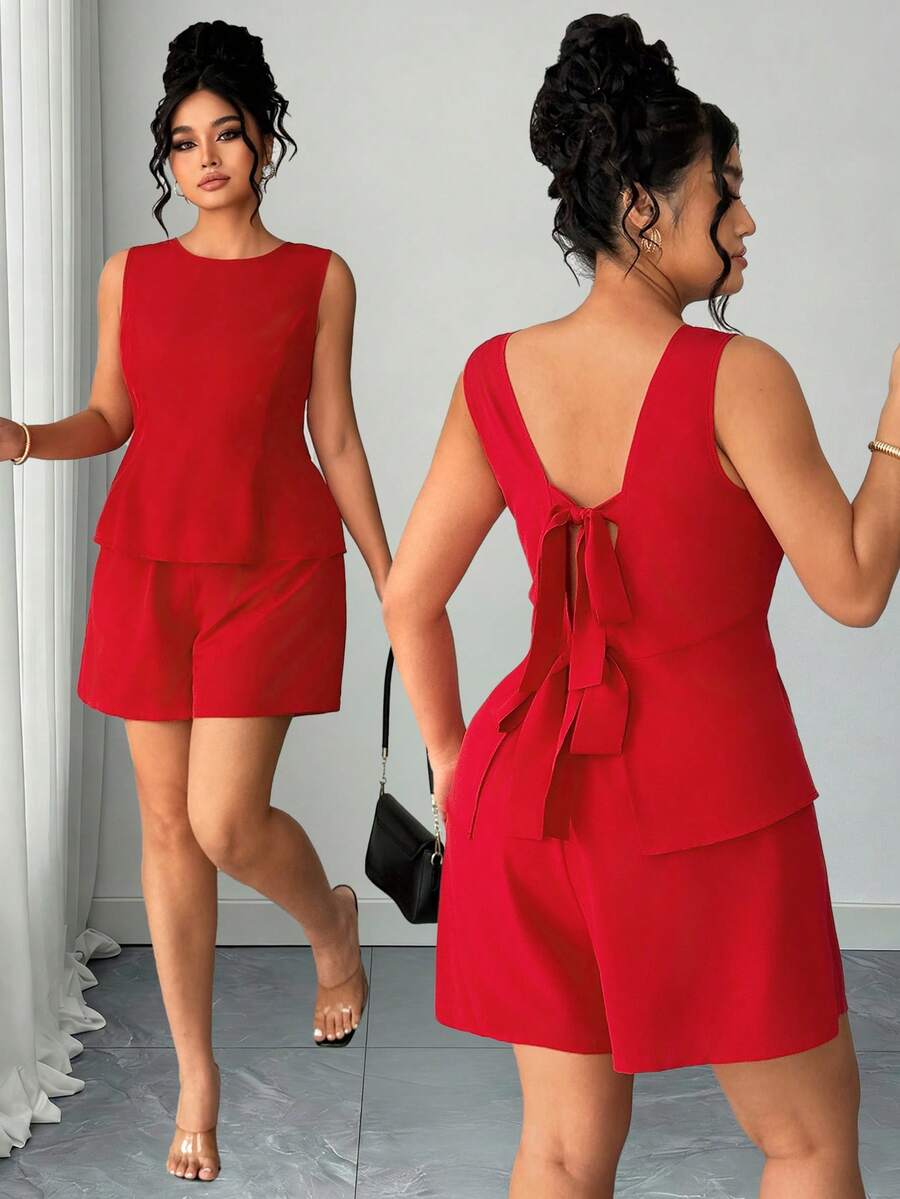 SHEIN Elenzya Women's Red Sleeveless 2-Piece Set: Bowknot Back Crop Top + Shorts, Suitable For Date, Shopping, Party, Commuting, Chic Style Short Jumpsuits For Woman Red Rompers For Women Red Dress Short 2 Piece Short Sets Woman Romper Dress For Women - Red - View 1