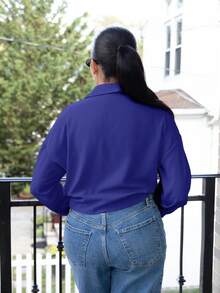 Melissa Matos 法式优雅梭织翻领长袖系带开衫，新款夏季白色女式衬衫 - 寶藍色 - 查看 2