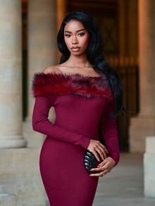 Mima John 欧美风毛领长袖中长款毛衣裙 - 酒紅色 - 查看 6