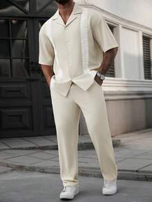 Manfinity CasualCool Men's Casual Vacation Style Contrast Lace Short Sleeve Shirt And Drawstring Waist Long Pants Set, Spring/Summer/Autumn Mens 2 Piece Pants Set Mens Co Ord Set Cream Outfit Men Mens Shirt And Pants Set - Apricot - View 5