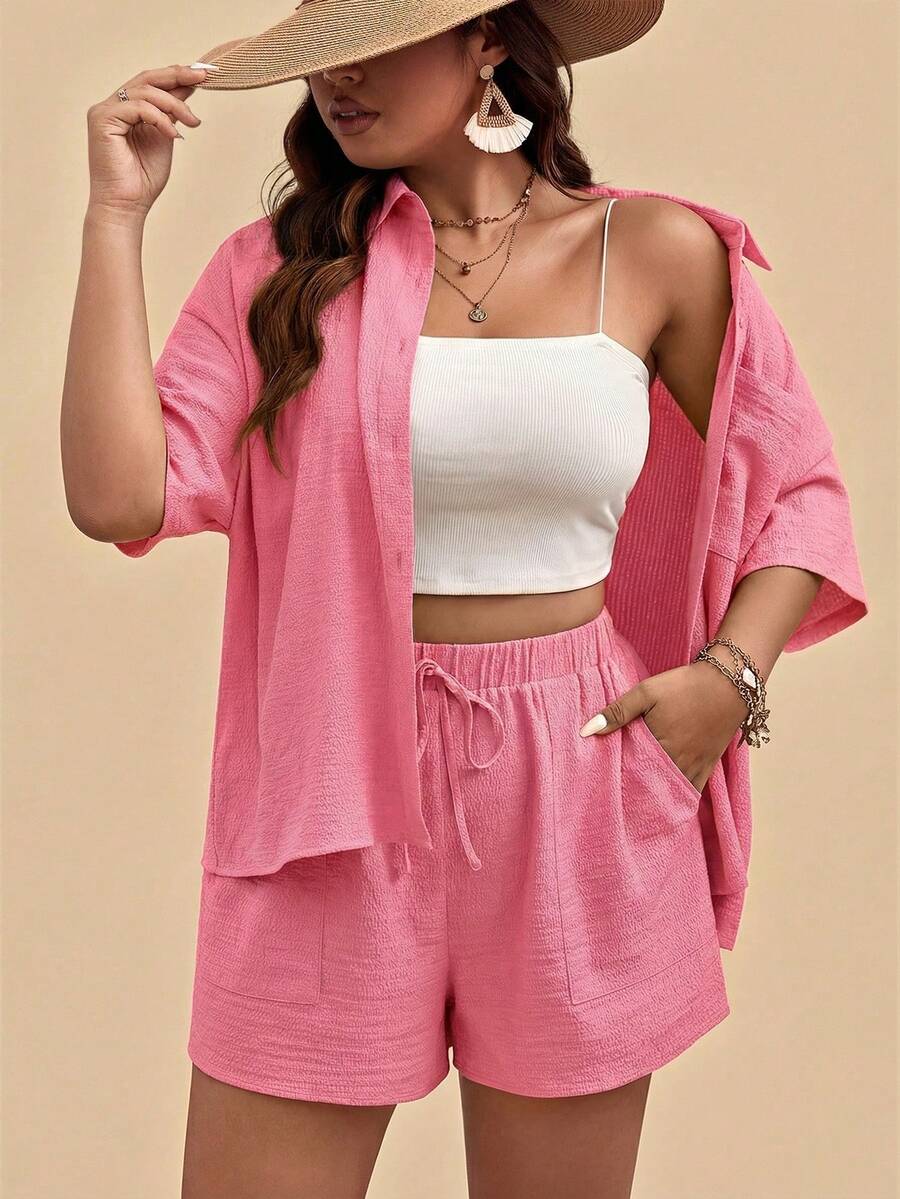 Travachic 大码女式纯色落肩单排扣衬衫和短裤休闲两件套 - 粉色 - 查看 1