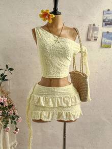 Soleia 女士夏季休闲纯色提花不对称领荷叶边下摆背心和半裙两件套 - 黃色 - 查看 7