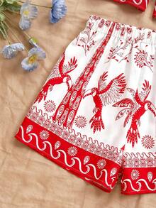 Soleia Women's Vacation Bird Print Tie Front Camisole And Shorts 2 Pieces Set - Red and White - View 3