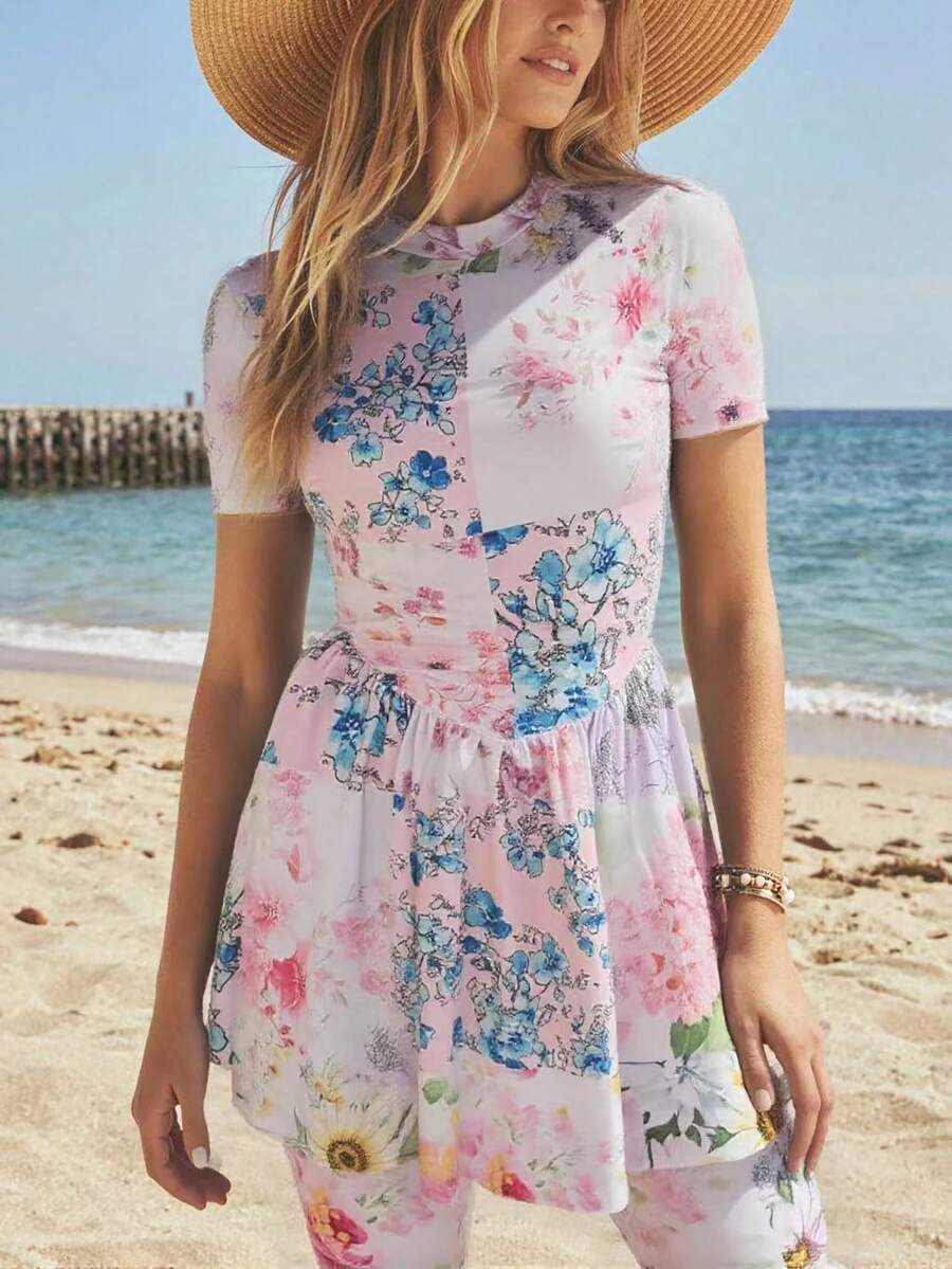 Swim Shayni Ensemble burkini à imprimé jeune moyen-oriental avec col ras-du-cou pour femmes, été - Multicolore - Voir 1