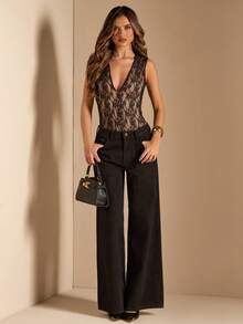 SHEIN BAE 女士黑色蕾丝深V性感无袖连体衣 - 黑色 - 查看 3