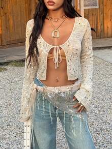 Muchica Women's Hollow Out Sequin Tie-Up Cropped Knit Cardigan - Khaki - View 5