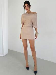 Firerie Women's Spring/Summer New Minimalist Elegant Daily/Office Commute Asymmetric Shoulder Knit Dress - Apricot - View 4