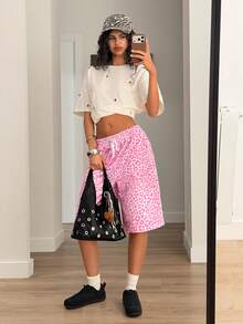 Muchica Women's Leopard Print Drawstring Waist Pocket Casual Versatile Daily Wear Wide Leg Shorts - Pink - View 3