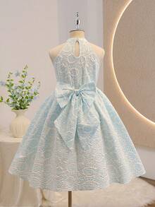 Robe élégante sans manches avec nœud gaufré pour préadolescentes - Bleu azur - Voir 2