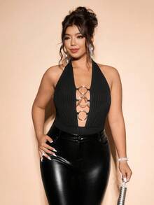 Cravure Plus Size 's Knitted Striped Metal Buckle Decor Bodysuit,70's Summer Night Out Club Party Style,Suitable For Vacation&Music Festivals - Black - View 8