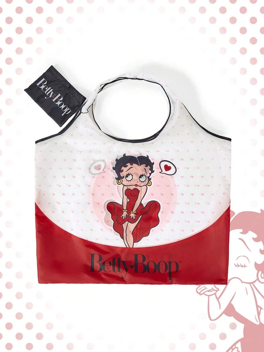 Betty Boop x SHEIN 时尚学院徽章图案防水大容量手提袋 - 白底愛心粉 - 查看 1