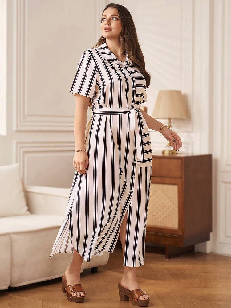Plus Size Women's Summer Casual Vacation  Striped Patchwork Belt Short Sleeve Dress, Spring/Summer,Summer\Vacation,Summer Holiday,Spring Break Outfits ,Vacation Outfits Women ,Holiday Outfits For Women,Going Out Outfits,2026 New Clothes,Simple And Fashionable For Everyday Wear,Suitable For Summer, Vacation, Daily Wear,Suitable For Summer, Vacation, Daily Wear,Dresses For Women,Flowy Dress ,Beach Outfits For Women,Casual Vacation Boho Dress, Button Down Dress For Women, Stripe Dress, Modest Summer Dress, French Style Dress, Shirt Dress,Office Outfits For Women,, Formal Attire For Women