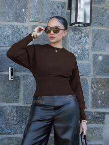 Melissa Matos Casual Round Neck Drawstring Waist Slim Fit Solid Color Knit Sweater, Versatile For Autumn/Winter - Coffee Brown - View 3