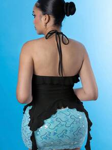 Melissa Matos 浪漫黑色荷叶边丝带和 3D 花朵领带上衣女士上衣音乐会女装性感服装 - 黑色 - 查看 2