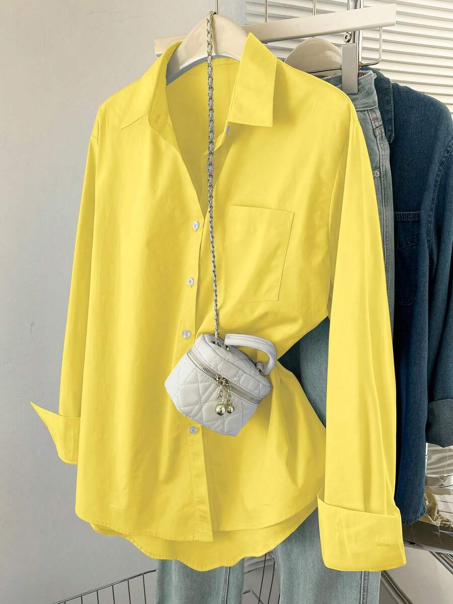 Airaco 女士纯色长袖单排扣休闲口袋衬衫 - 芥末黃 - 查看 1